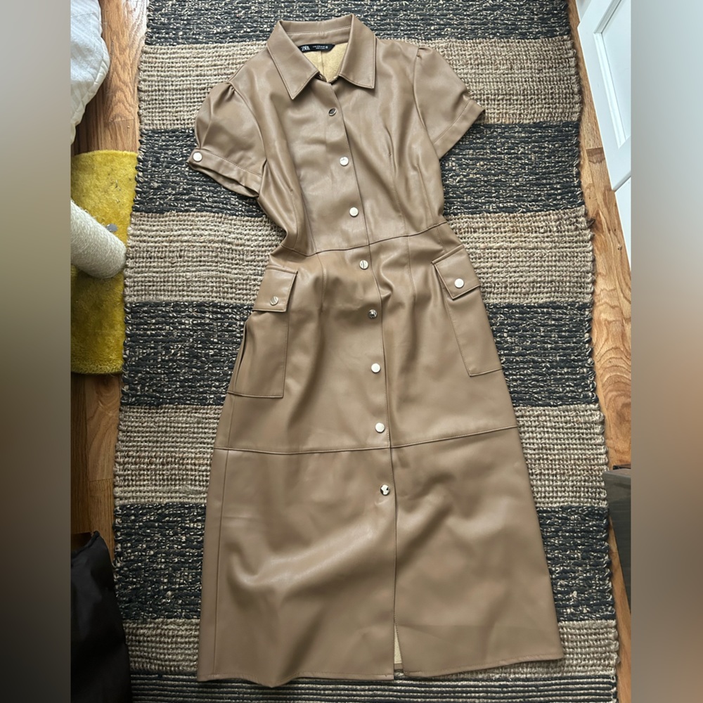 Faux Leather Midi Button Up Camel Zara Dress